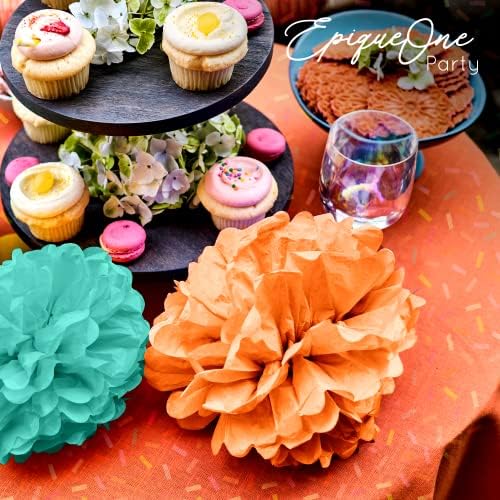 EpiqueOne 22-Piece Tissue Paper Pom Poms Party Set - Mint, Ivory & Peach | Includes 12 Pom Poms, 6 Paper Lanterns, 3 Honeycomb Balls & 1 6.5 ft. Garland | For Birthdays, Bridal or Baby Showers & More