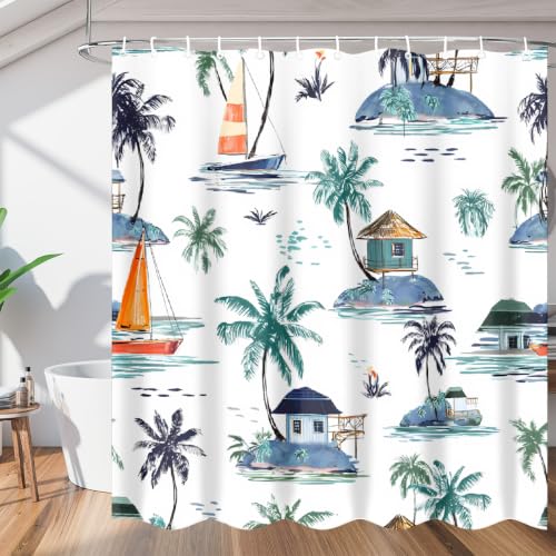 Rideau de douche en polyester motif île tropicale lavable et ultra imperméable