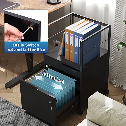 Devaise 2 Drawer Wood File Cabinet, Mobile File Cart With Open Storage Shelf, Vertical Filing Cabinet Fits A4, Letter Or Legal Size For Home Office, Black #TOP4