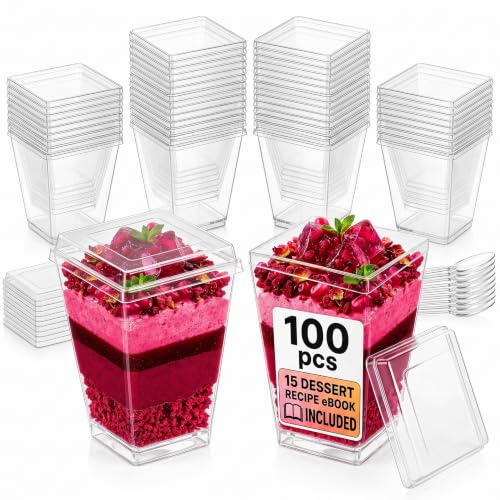 Crystry 100 Pack 5oz Mini Dessert Cups with Lids and Spoons Parfait Shooter