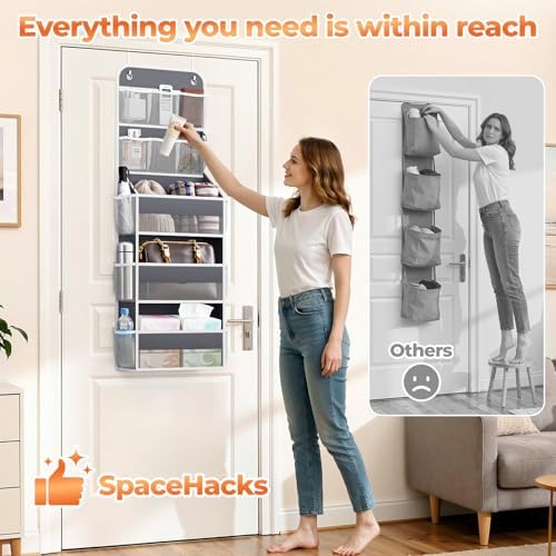 SpaceHacks 5-Tier Over the Door Organizer with Mesh Pockets, Dark Grey - 5