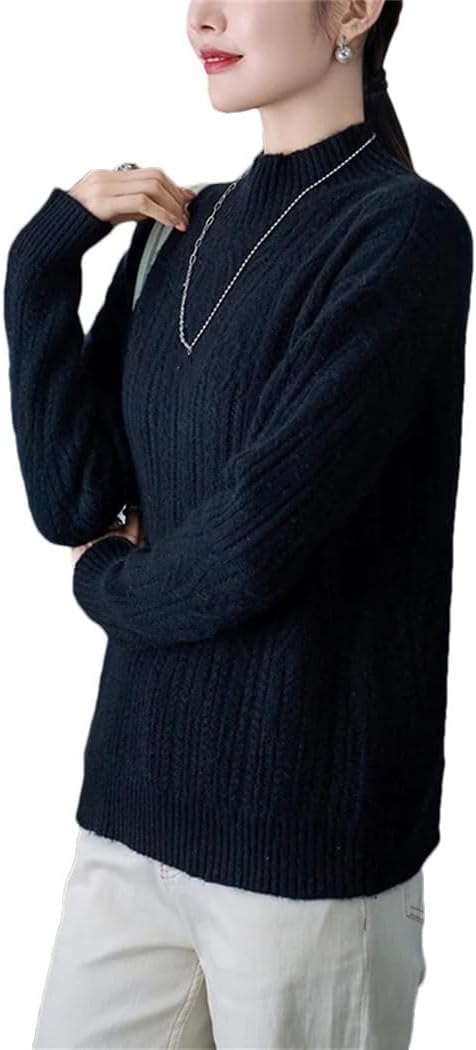 Women's 100% Wool Knitted Sweater Solid Mock Neck Long Sleeve Twisted Pullover Winter Thickening Thermal Tops