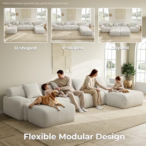 Image of LIKIMIO LumiCord 153.5 inch Tufted Modular Sectional Sofa, Modern U-Shaped Boneless Couch for Living Room, 26.8 inch Deep Seat, 18.1 inch High Seating, 15 inch Wide Armrest, Corduroy, Oatmeal Beige