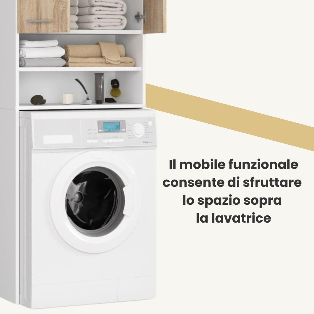 AKORD | Armadio Pensile per Lavatrice | Armadio di trasformazione con 2 ante, 2 Ripiani Aperti | Archivio per bagno | Cassettiera per lavatrice | 64x180x30 cm | Peso 30 kg | Bianco/Rovere Sonoma