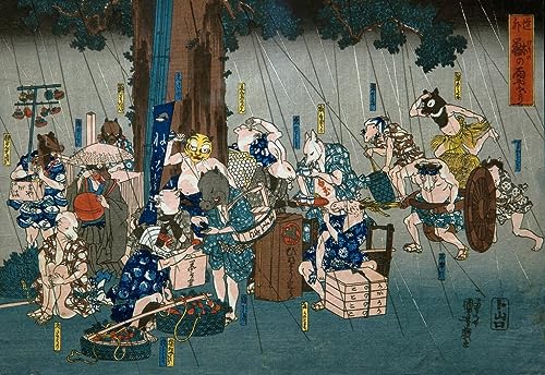 Poster Utagawa Kuniyoshi sans cadre 50x70 cm animaux sous la pluie