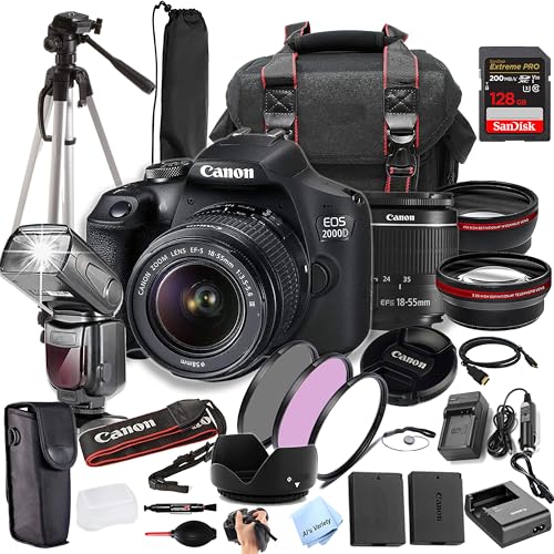 Canon EOS 2000D (Rebel T7) w/EF-S 18-55mm + 128GB Extreme Speed Card, Camera Case, Tripod,TTL Speedlite, Spare Battery, Filter Kit, and More (Extreme Pro-Bundle), Black (Renewed)