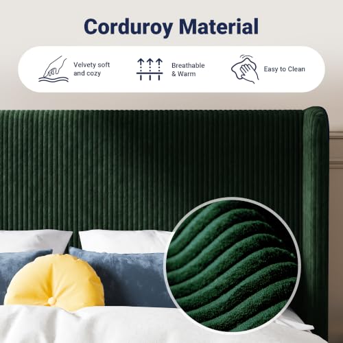 Image of Allewie King Size Platform Bed with Corduroy Wingback Headboard, Green | 1000 lb Capacity, Corduroy Wingback Headboard, Vertical Channel Design, Wood Slat Support, No Box Spring Needed /Easy Assembly
