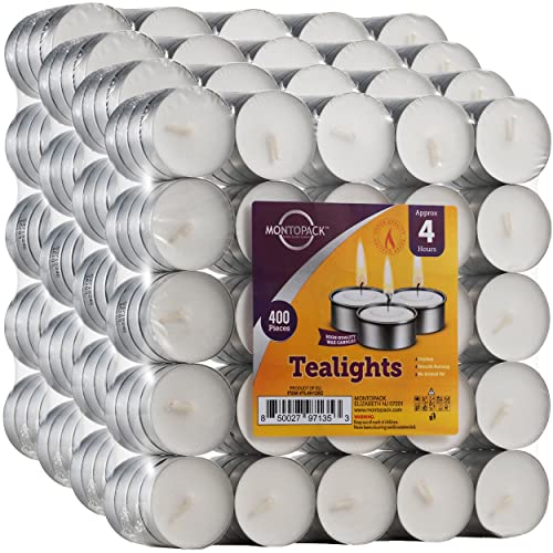 Image of MontoPack Unscented Tea Lights Candles in Bulk | 400 White, Smokeless, Dripless & Long Lasting Paraffin Tea Candles | Small Votive Mini Tealight Candles for Home, Pool, Shabbat, Weddings & Emergencies