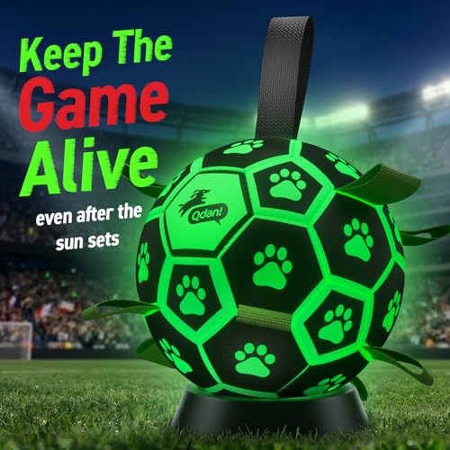 Image of QDAN Glow in The Dark Dog Toys, Dog Soccer Ball with Straps, Night Play Fun | Light Up Dog Balls for Large Dogs, Interactive Training Dog Tug Toys for Tug of War, 8 Inch, 30-90 lbs Puppy Ball, Dog Gifts