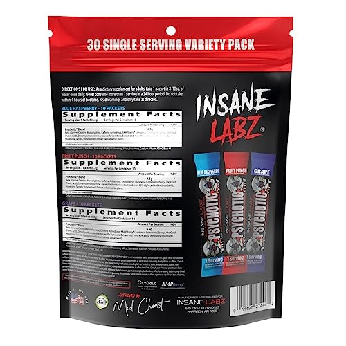 Image of Insane Labz Psychotic, High Stimulant Pre Workout Powder, Extreme Lasting Energy, Focus and Endurance with Beta Alanine, Creatine Monohydrate, DMAE, 30 Srvgs, Variety