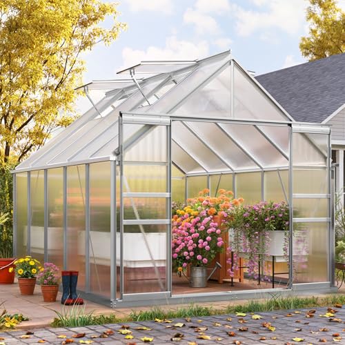 YITAHOME-10x8FT-Polycarbonate-Greenhouse-Large-Heavy-Duty-Green-Houses-Outdoor-Aluminum-Greenhouses-with-Sliding-Doors-Vent-Window-Premium-Walk-in-Greenhouse-for-Garden-Backyard-Matte-Sliver YITAHOME 10x8FT Polycarbonate Greenhouse Large Heavy Duty Green Houses Outdoor Aluminum Greenhouses with Sliding Doors Vent Window Premium Walk in Greenhouse for Garden Backyard Matte Sliver