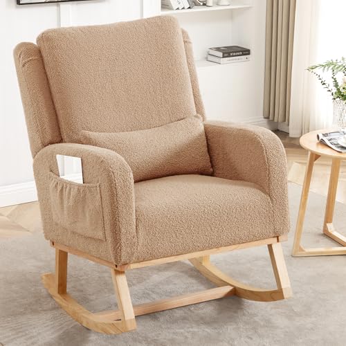 Image of HCHAIRH Rocking Chair Nursery, Boucle Nursing Rocking Chairs, Upholstered Nursery Glider Rocker Wingback Morden Rocking Chair with Lumbar Pillow for Mom Nursery, Living Room, Bedroom, Teddy Khaki