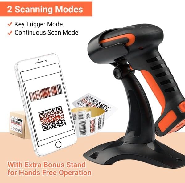 Image illustrating Key Trigger Mode and Continuous Scan Mode with a smartphone displaying a barcode and the scanner on its stand