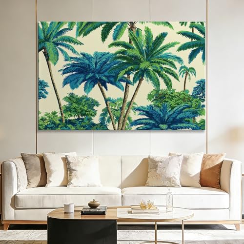 Tableau Salon Vintage Palmier Vert Cadre en Bois Impression Toile 70x50 cm