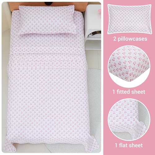 Image of Viviland 4 Pieces Girls Pink Full Sheet Set - Soft Microfiber Fitted Flat Sheets & Pillowcase - Pink Cherry Bow Print Bedding Sets - for Kids & Toddlers