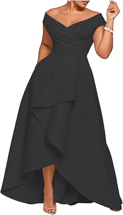 Off Shoulder Satin Mother of The Bride Dresses for Women High-Low V Neck A Line Formal Evening Party Dresses with Ruffle