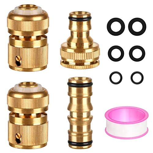 CoKeeSun 4 Piezas Conector de Manguera de Latón, Conector Rápido Manguera de 1/2 y 3/4, Adaptador de Grifo con Arandelas, Anillos O y Cinta Impermeable, Conector de Boquilla de Pistola de Agua