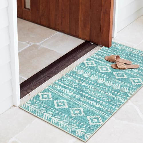 Lahome Rustic Moroccan Rug Runner 2x4,Wasahble Non-Slip Entryway Runner Rug Soft Rubber Backing Front Door Mat Farmhouse Tribal Carpet Runners for Kitchen Bedroom Bathroom,Teal Teal/White 2x