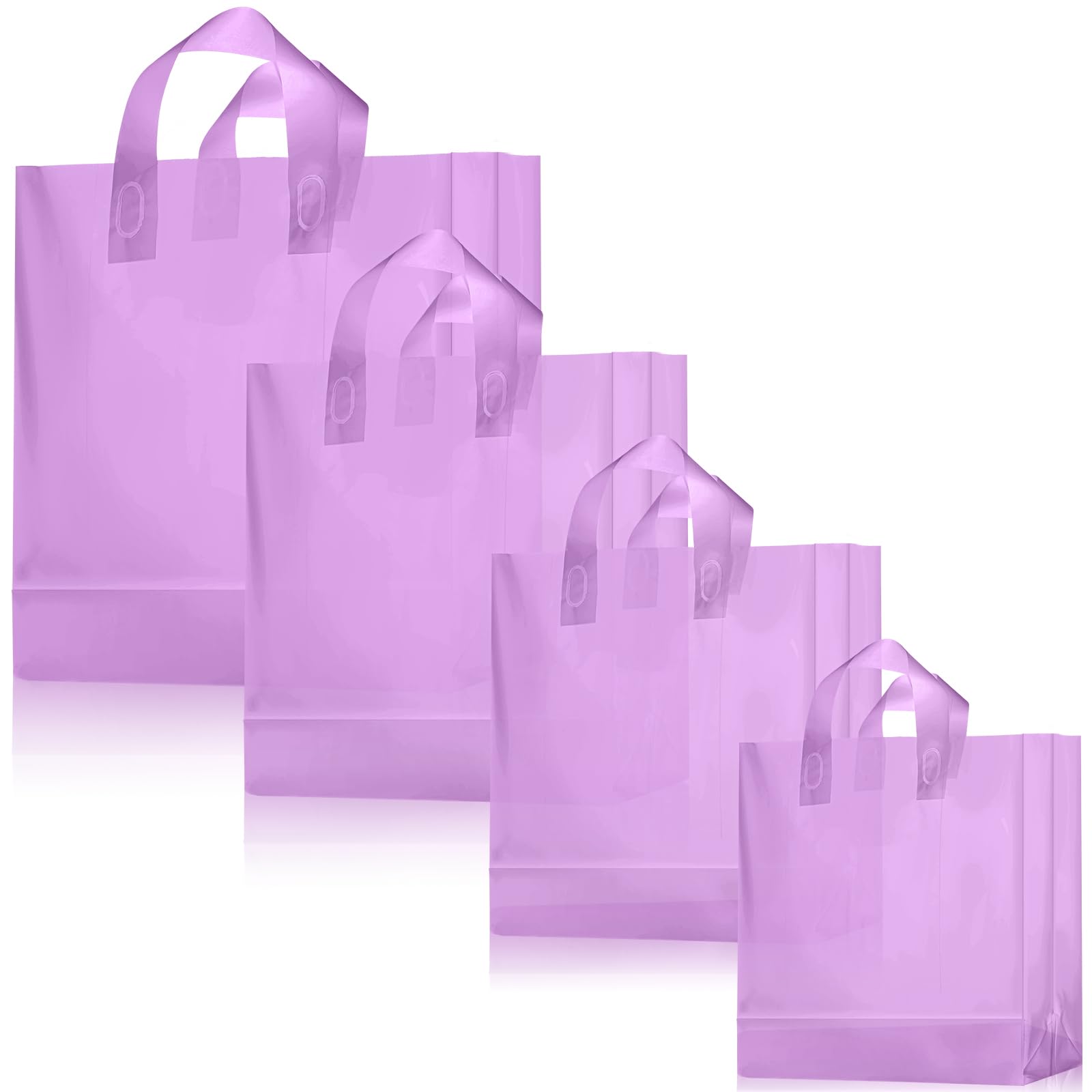 Weewooday 100 Pcs Frosted Plastic Gift Bags with Handles for Small Business Clear Shopping Bags with Cardboard Bottom,4 Sizes (Purple)