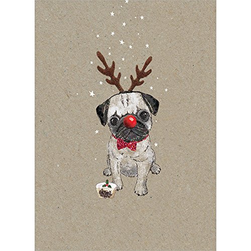 Tree-Free Greetings Holiday Greeting Cards, Pug Happy Christmas, Vintage Brown Recycled Paper, Boxed Note Card Set, 10-Pack (HB93301)