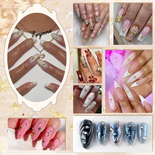 1320Pcs 3D Star Nail Charms, Gold Multi-Shapes Metallic Nail Art Gems and Small Round Caviar Beads, Bedazzling Craft Jewels Nail Rhinestones Accessories Manicure Decor with Tweezers and Pick-up Pencil