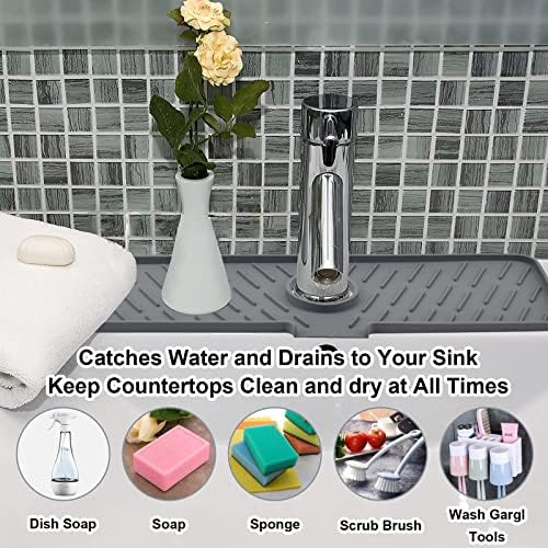 Silicone Faucet Splash Catcher, Kitchen Faucet Sink Splash Guard, Faucet Absorbent Mat for Catching Splashes, Dishwasher-Safe Sink Water Splash Guard for Bathroom, RV, Kitchen Island (A-Grey)