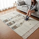 Bedroom Runner Rug 3x5 Feet, Cotton Floral Area Rug with Tassel, Washable Woven Throw Runner Carpet, Farmhouse Botanical Wooden Grain Stainproof Living Room Carpet for Bedside