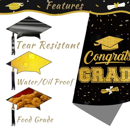 Graduation Decorations Tablecloth Set, Class of 2025 Graduation Party Supplies Gongrats Grad Tablecover Decor for High School University Graduates Party, Black and Gold Table Cloth with Banner