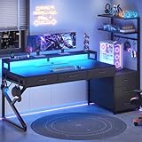 SEDETA 55' Gaming Desk with 6 Drawers, Corner Gaming Desk with Storage & LED Lights, Reversible PC Desk with Power Outlet, Corner Computer Desk with Hutch, Monitor Stand, Side Hook, Carbon Fiber Black