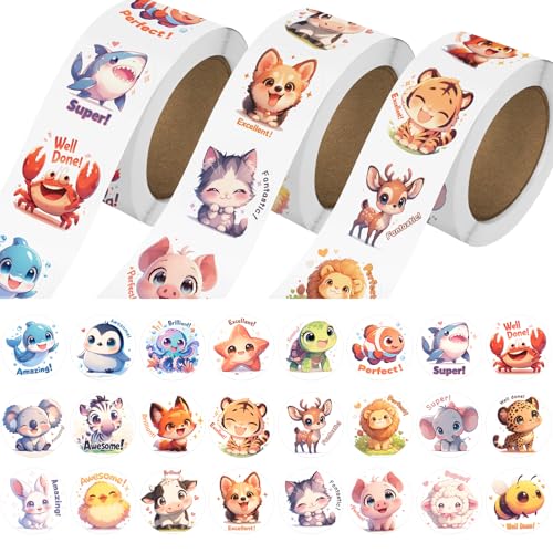 JIXZEN 3 Rolls 1500 PCS Animal Stickers for Kids 24 Cute Farm/Ocean/Wild Designs with Motivational Words Reward Stickers for Toddlers 2-4 Classroom School Supplies (1.0 Inch)