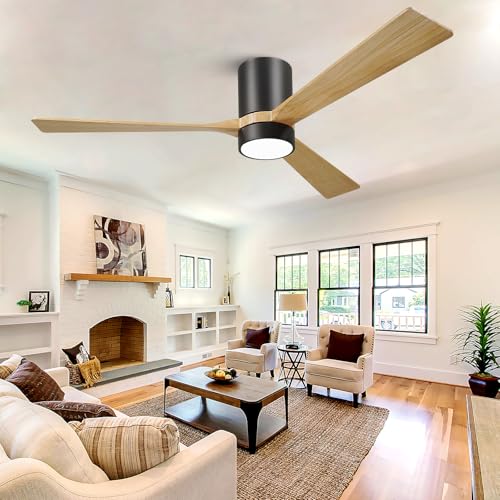 KAPOEFAN 60" Low Profile Ceiling Fan with Lights,Wood Ceiling Fan with Remote,Outdoor Flush Mount Fan DC Motor 6 Speeds 8H Timer for Farmhouse Patio,Original Walnut+Black