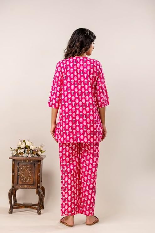 Image of Pure Cotton Printed Night Suit Set | Top Pyjama Set for Women | Night Dress of Kurta Pyjama Set for Women | Kurta Top Set