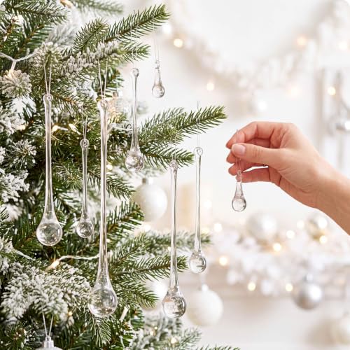 Image of 44 Pcs Clear Glass Teardrop Ornaments Christmas in July Crystal Raindrop Hanging Ornaments Crystal Chandelier Drop Pendant Icicles Decorations for Summer Tree Party Supplies (7 Multiple Sizes)
