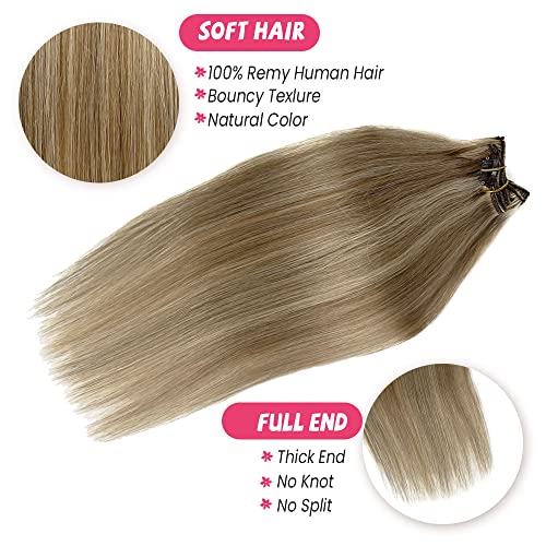 Image of Blonde Clip in Human Hair Extensions Real Remy Natural Hair 20Inch Light Blonde Highlighted Golden Blonde Balayage Clip for Hair Extensions 7 Pieces 70G