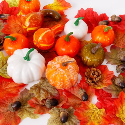 Popest 126Pcs Thanksgiving Artificial Pumpkins Fall Decorations for Home, 100 Leaves, 14 Acorns, 10 Fake Pumpkins, 2 Pinecones, Harvest Farmhouse Table Tiered Tray Set Halloween, Tabletop, Home Decor