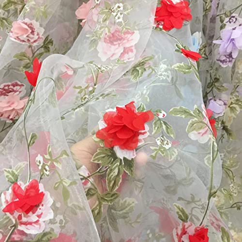 Tissu dentelle brodé rouge fleurs 3D mousseline pour personnaliser robe et décoration