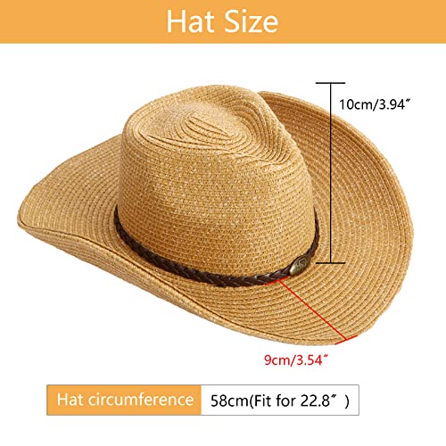 Western Cowboy Hat With String For Women Men Foldable Summer Sun Protection Straw Beach Hats With Wide Brim Khaki #TOP1