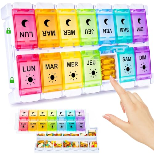 Pilulier Semainier Matin et Soir, Semainier Medicament 14 Compartiments Pilulier 7 Jours Grande Capacité plus Rangement Boite de Médicaments Pilbox Semainier 2 Fois par Jour (Multicolore)