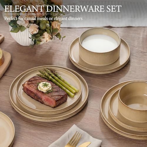 Image of E-far Stoneware Dinnerware Sets for 2, 6-Piece Plates and Bowls Sets, Chip & Scratch Resistant Ribbed Dish Set for Home Restaurant, Microwave & Dishwasher Safe, Caramel Khaki