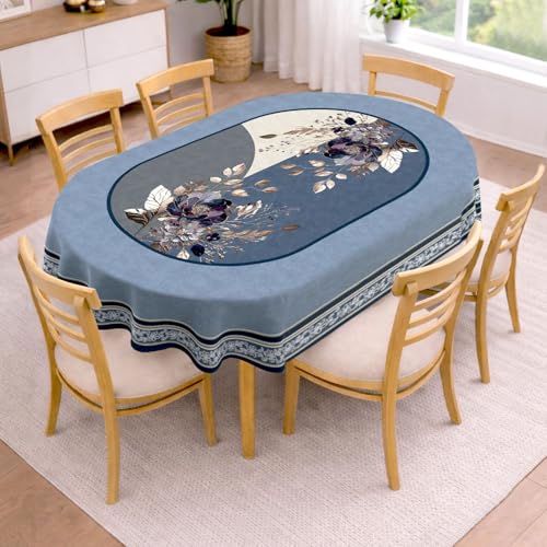 Image of Cloth Fusion Velvet Floral Oval Shape Dining Table Cover Cloth 6 Seater with Stunning Gold Foil Design for Home Decor (60x90 Inch, Blue)