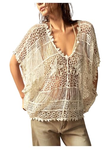 BEAUDRM Women's Hollow Out Crochet Knit Tops Boho...