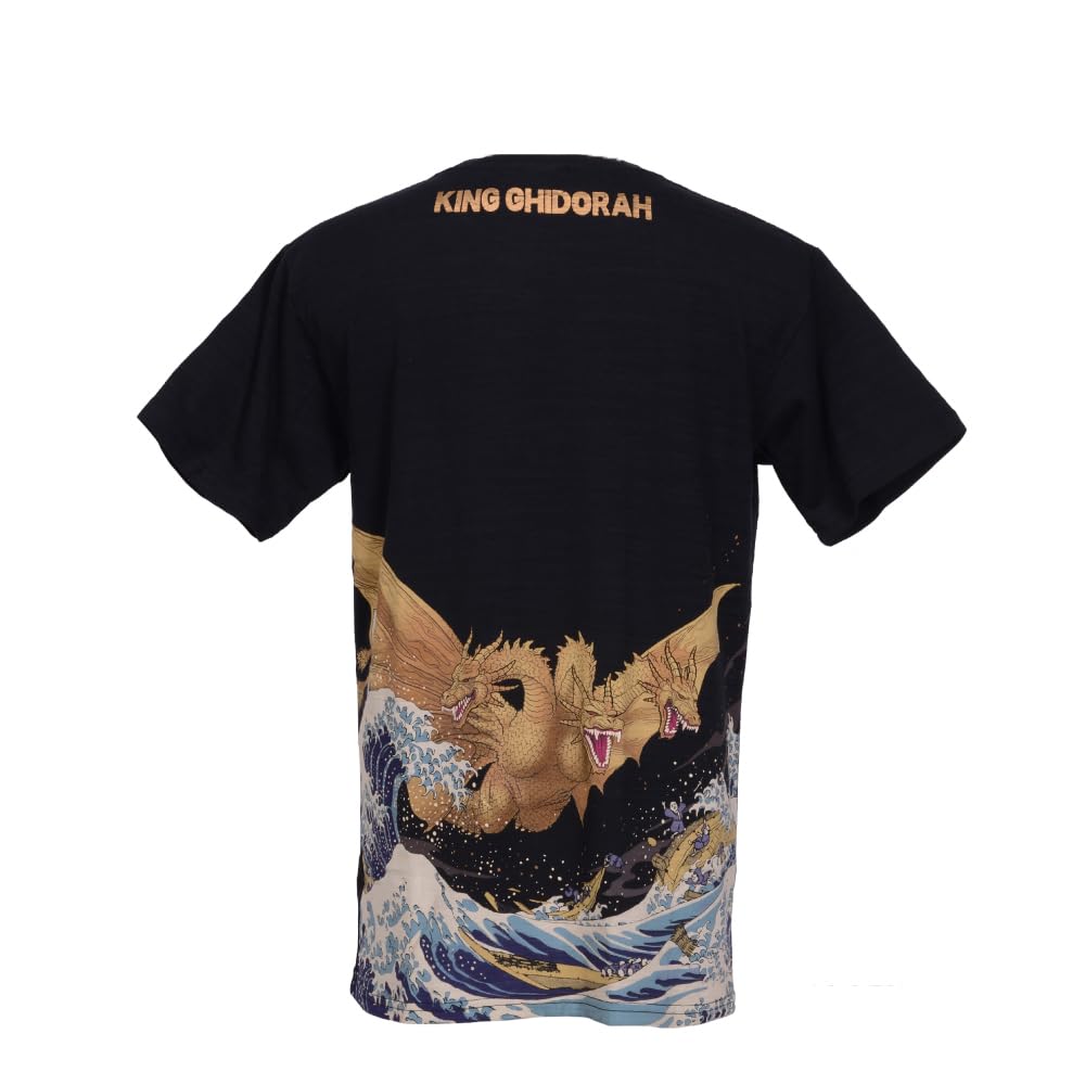 Godzilla(ゴジラ) Unisex Black Godzilla King Ghidorah T-Shirt Thirty-Six Views Of Mt. Fuji Hokusai Xxl