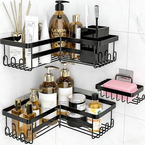 Corner Shower Caddy, 3 Pack Adhesive Shower Organizers, Rustproof Stainless Steel Shower Shelves with Soap Holder, No Drilling Bathroom Organizers and Storage Rack for Home Decor, Black