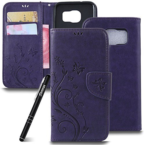 Case for Samsung Galaxy S7,Slynmax Ultra Thin Lightweight Bookstyle Embossed Butterfly Floral Flower Case Flip Folding Folio PU Leather Wallet Phone Cover Case Inner Soft Silicone with Foldable Purple