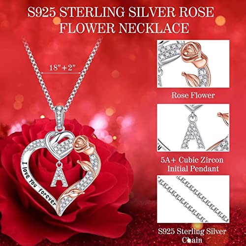 Love Heart Necklace Gifts For Her, 925 Sterling Silver Rose Heart Initial K Letter Pendant Necklace Jewelry Mothers Day Valentines Christmas Gifts For Mom Wife Girlfriend Anniversary Birthday Gifts #TOP4