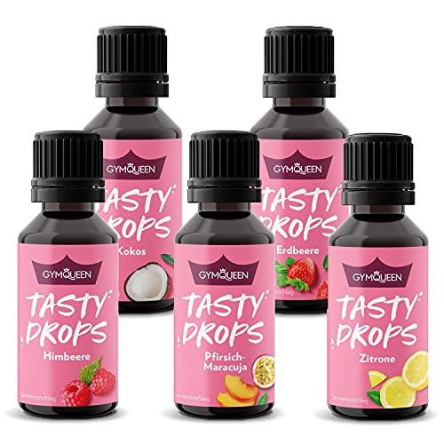 GymQueen Tasty Drops 5x30ml, Kalorienfreie, Zuckerfreie und Fettfreie Flavour Drops, Aroma Tropfen zum Süßen von Lebensmitteln, Geschmackstropfen ohne Künstliche Farbstoffe, Sommerfrucht Mix