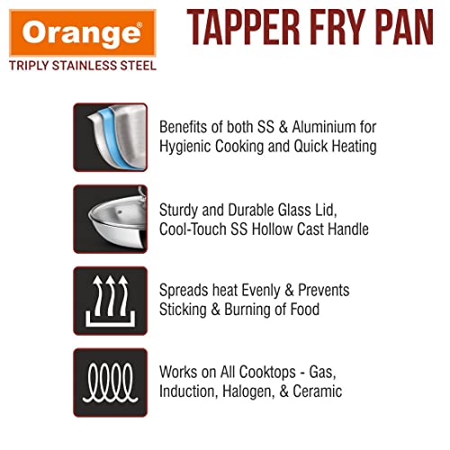 Image of Orange Triply Stainless Steel Fry Pan 1.1L Capacity with Riveted Cast Long Handle with Glass Lid | 20 cm Diameter | Heavy Bottom | Gas Stove and Induction Bottom Friendly | 5 Year Warranty.