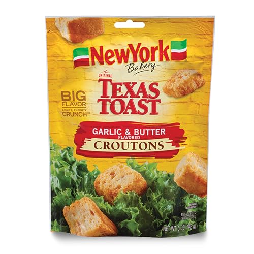 New York Bakery Texas Toast Garlic And Butter Croutons, 5 Oz. Resealable Bag, Hearth-Baked With Herbs And Garlic, Topping For Soup, Salad, Pasta And More