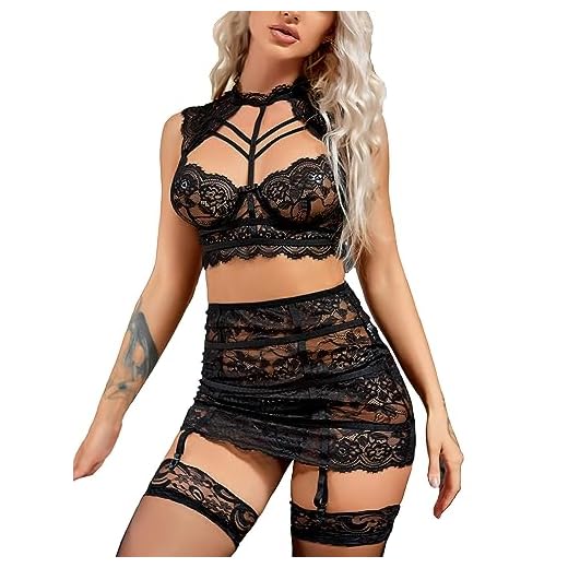 Ladies & Men's story Conjunto de calcinha feminina com aro de 3 peças lingerie sexy com colarinho, corpete elástico e saia liga, sutiã de renda com tiras, Preto, XGG