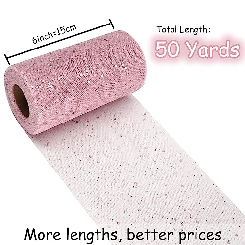 Glitter Tulle Fabric Rolls 6 Inch 50 Yards (150Ft) Sequin Sparkling Ribbon Spool Netting For Wedding, Tutu Skirt, Gift Wrapping, Party Decoration (Blush) #TOP5